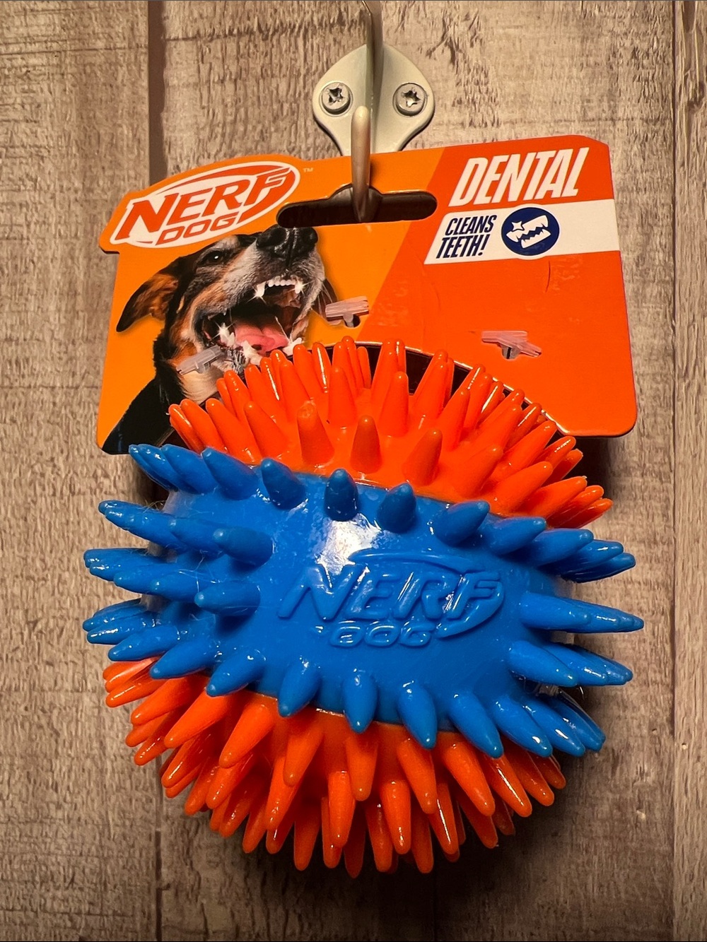 New NERF Dog Spike Squeaky Tough Fetch and Dental Toy - Orange & Blue